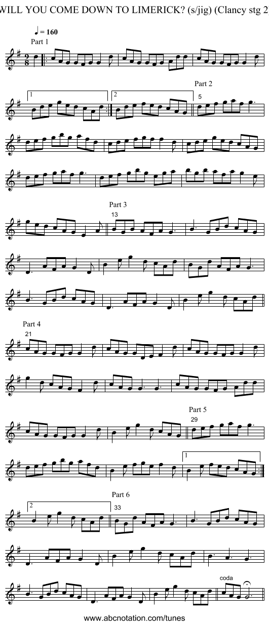 WILL YOU COME DOWN TO LIMERICK? (s/jig) (Clancy stg 2) - staff notation