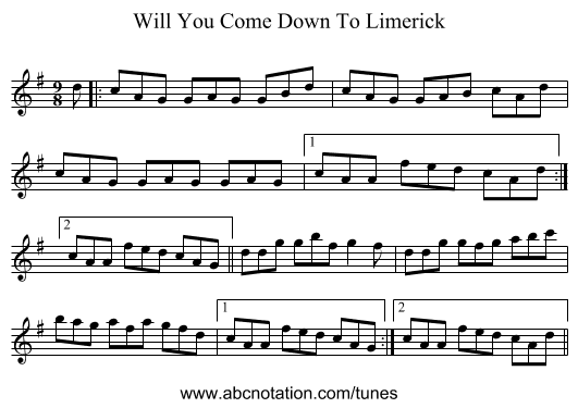 Will You Come Down To Limerick - staff notation