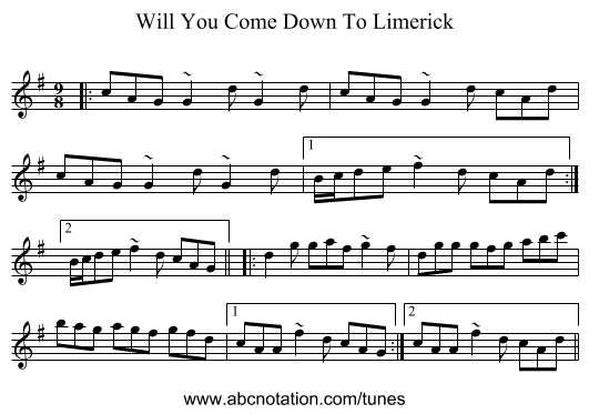 Will You Come Down To Limerick - staff notation
