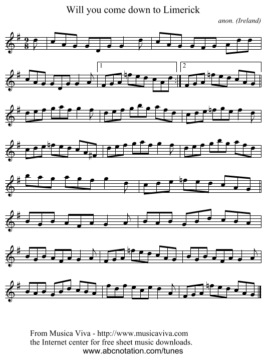 Will you come down to Limerick - staff notation