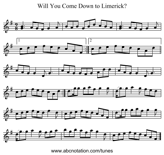 Will You Come Down to Limerick? - staff notation