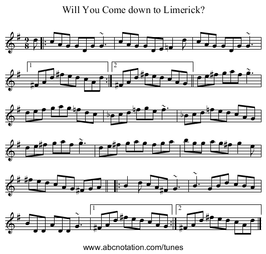 Will You Come down to Limerick? - staff notation