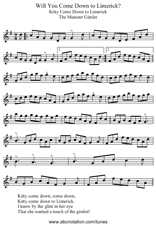 Will You Come Down to Limerick? - staff notation