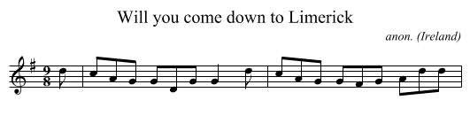 Will you come down to Limerick - staff notation