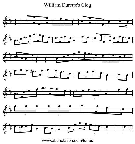 William Durette's Clog - staff notation