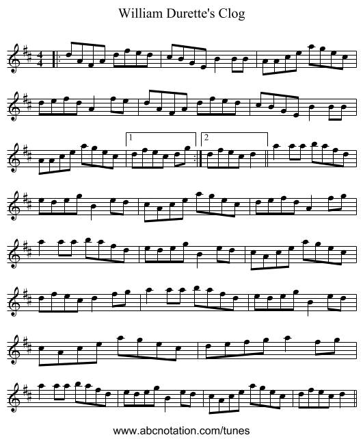 William Durette's Clog - staff notation
