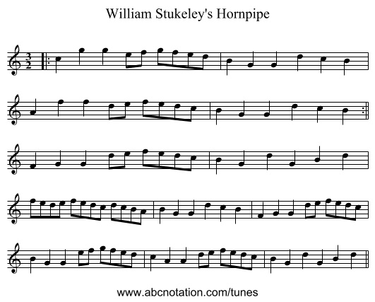 William Stukeley's Hornpipe - staff notation