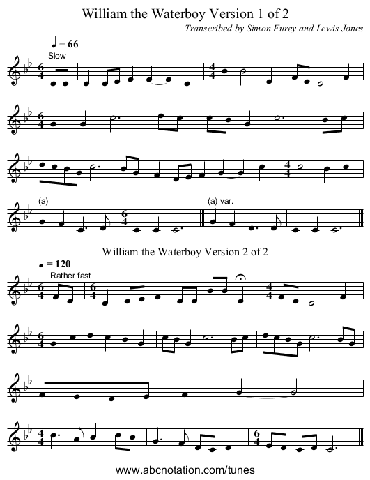 William the Waterboy Version 1 of 2 - staff notation