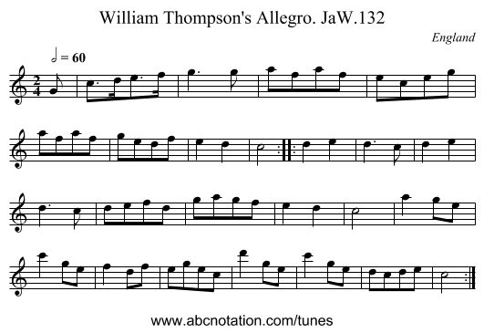 William Thompson's Allegro. JaW.132 - staff notation