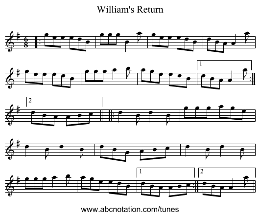 William's Return - staff notation