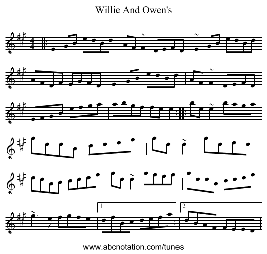 Willie And Owen's - staff notation