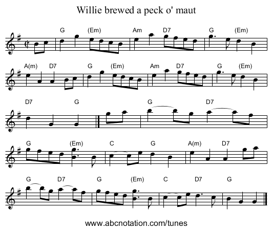 Willie brewed a peck o' maut - staff notation