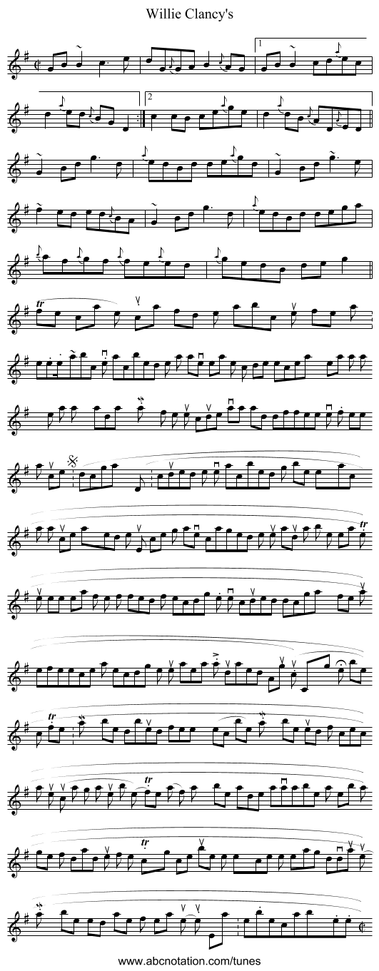 Willie Clancy's - staff notation