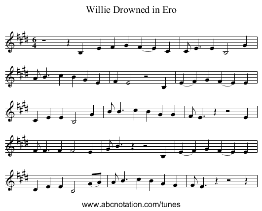 Willie Drowned in Ero - staff notation