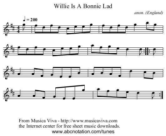 Willie Is A Bonnie Lad - staff notation