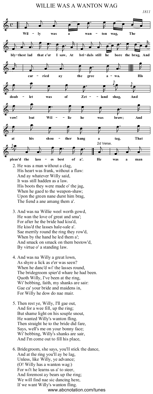 WILLIE WAS A WANTON WAG - staff notation