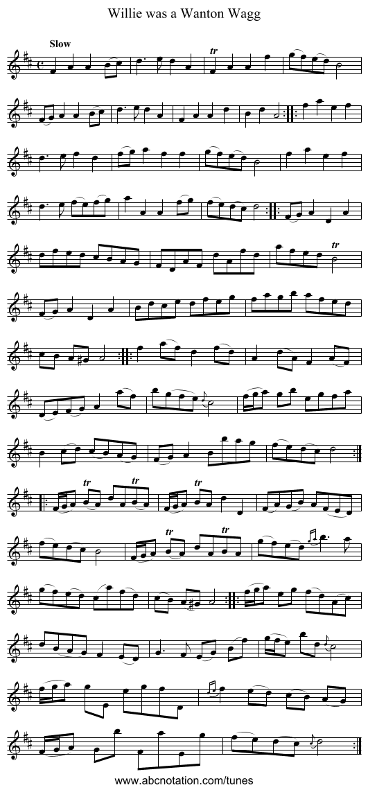 Willie was a Wanton Wagg - staff notation