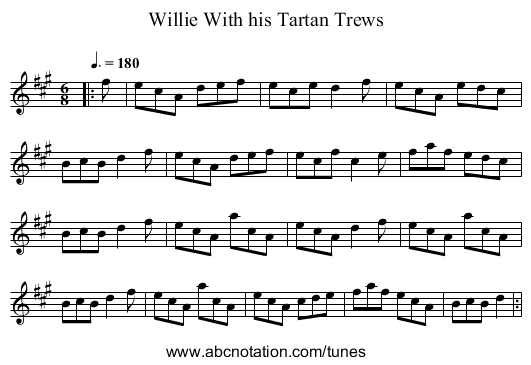 Willie With his Tartan Trews - staff notation