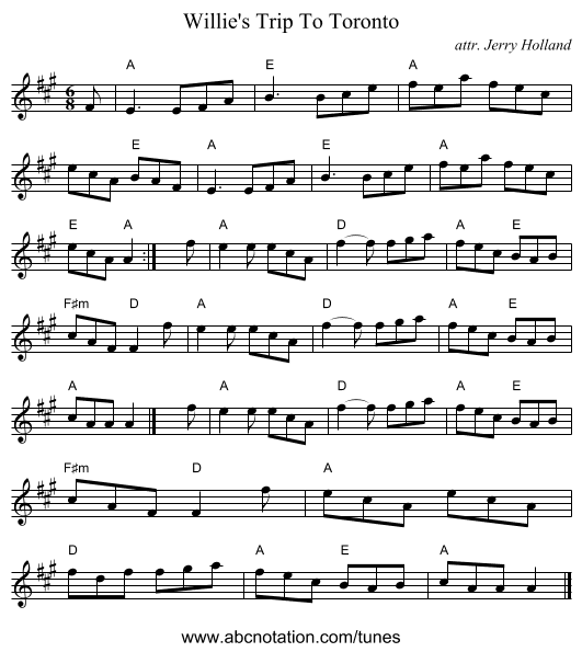 Willie's Trip To Toronto - staff notation