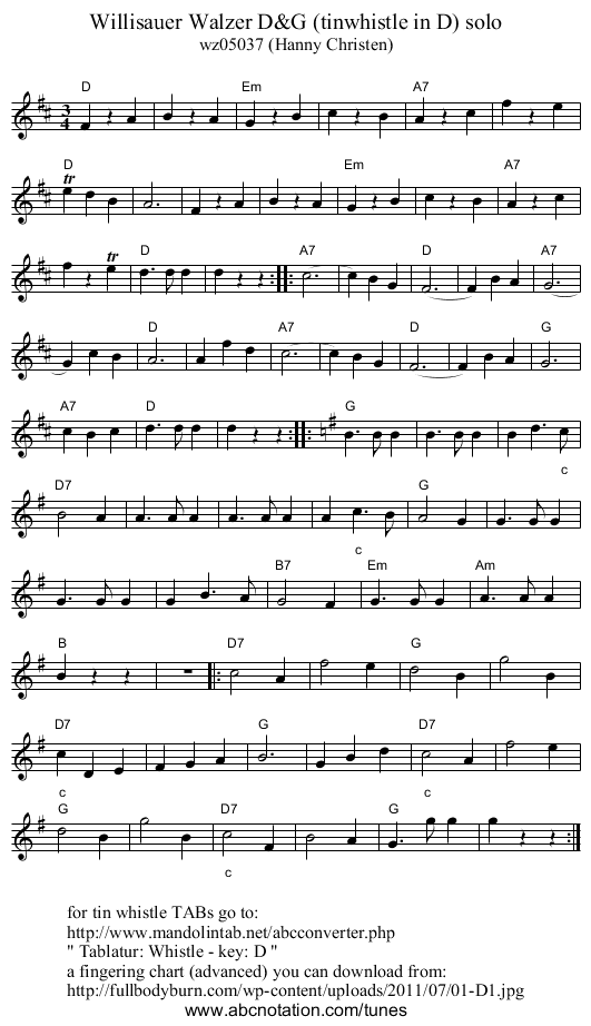 Willisauer Walzer D&G (tinwhistle in D) solo - staff notation
