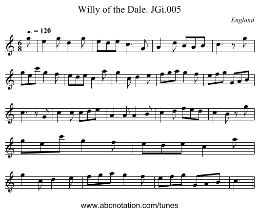 Willy of the Dale. JGi.005 - staff notation