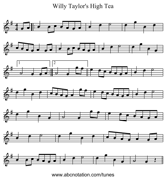 Willy Taylor's High Tea - staff notation