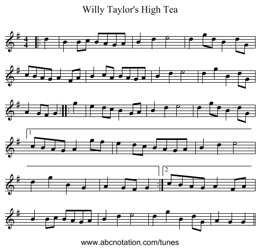 Willy Taylor's High Tea - staff notation