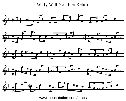 Willy Will You E'er Return - staff notation