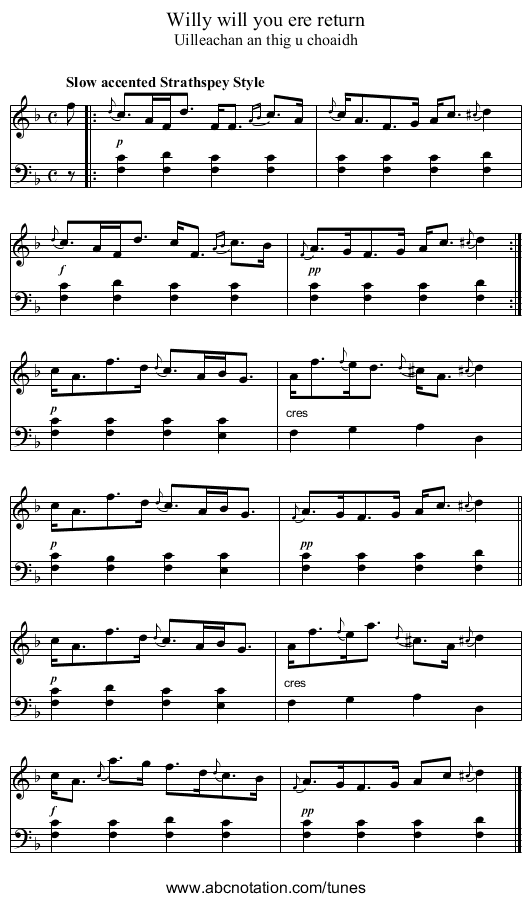 Willy will you ere return - staff notation