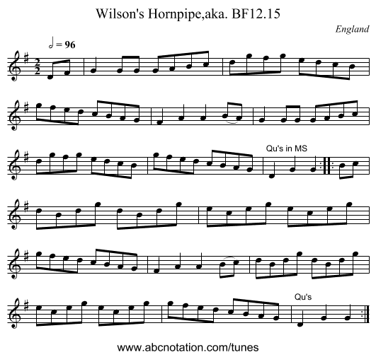 Wilson's Hornpipe,aka. BF12.15 - staff notation