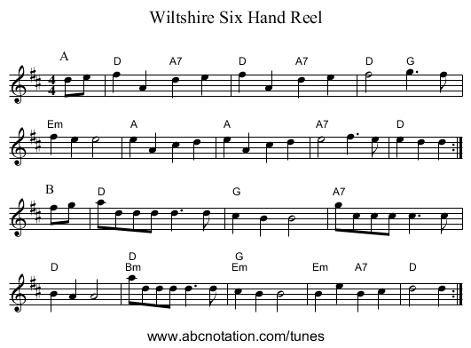Wiltshire Six Hand Reel - staff notation