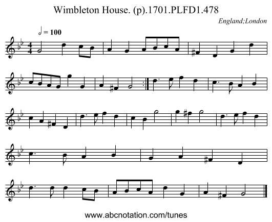 Wimbleton House. (p).1701.PLFD1.478 - staff notation