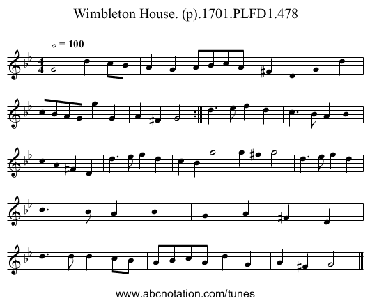 Wimbleton House. (p).1701.PLFD1.478 - staff notation