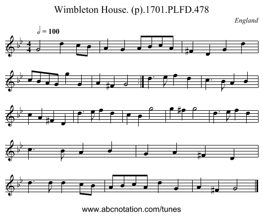 Wimbleton House. (p).1701.PLFD.478 - staff notation