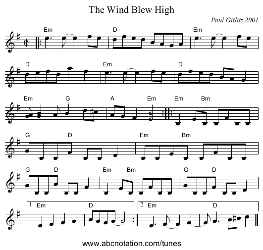 Wind Blew High, The - staff notation