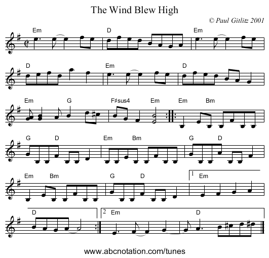 Wind Blew High, The - staff notation