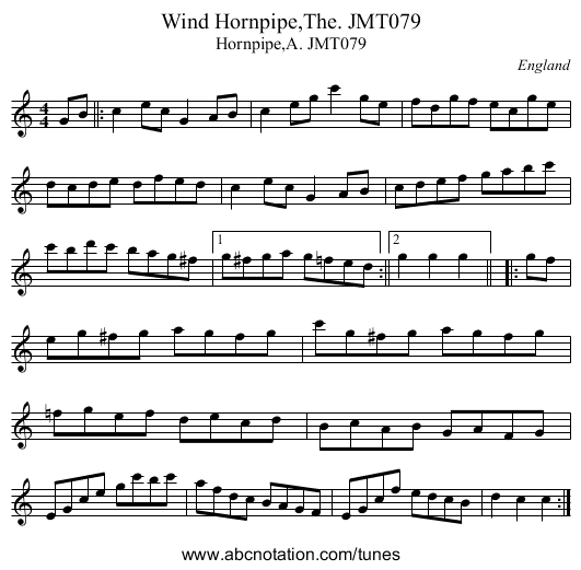 Wind Hornpipe,The. JMT079 - staff notation
