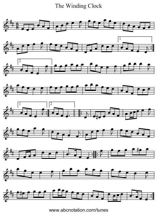 Winding Clock, The - staff notation