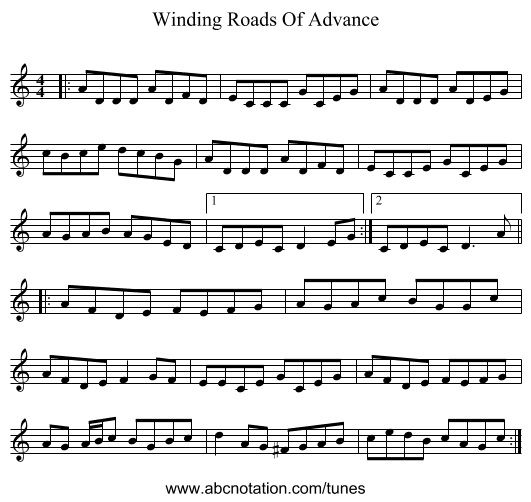 Winding Roads Of Advance - staff notation