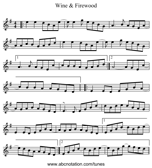 Wine & Firewood - staff notation