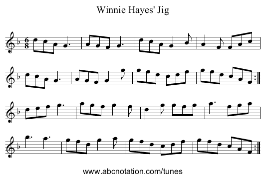 Winnie Hayes' Jig - staff notation