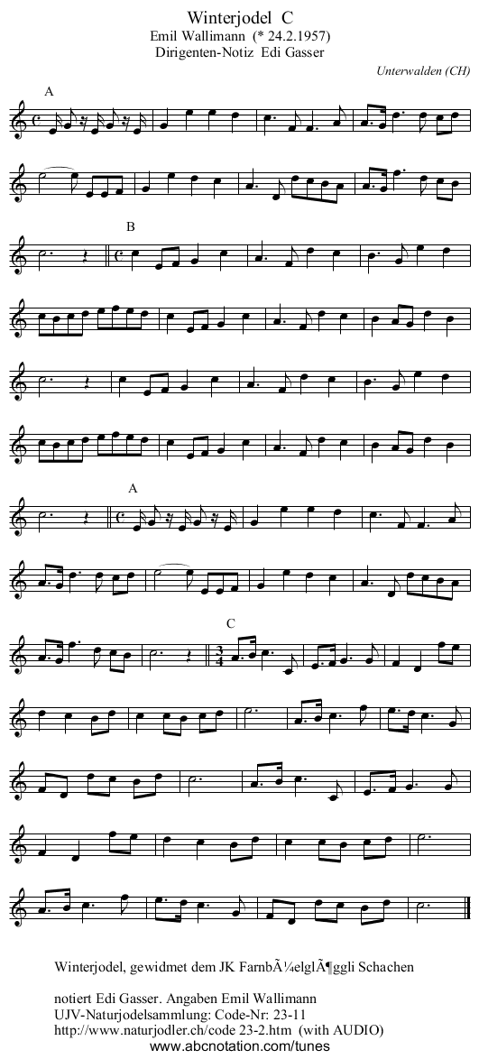 Winterjodel  C - staff notation