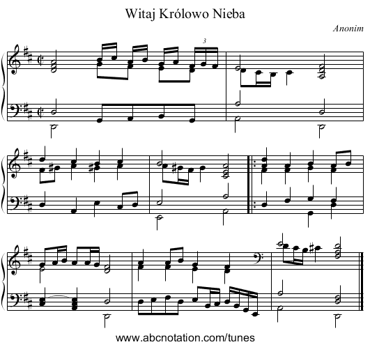 Witaj Królowo Nieba - staff notation