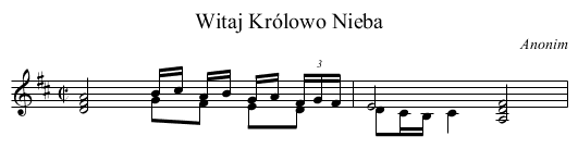 Witaj Królowo Nieba - staff notation