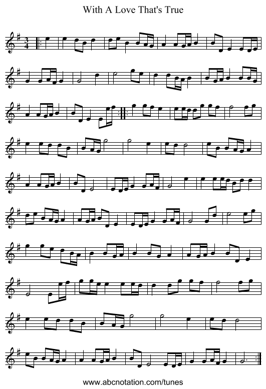 With A Love That's True - staff notation