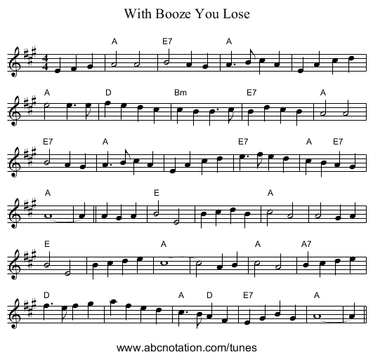 With Booze You Lose - staff notation