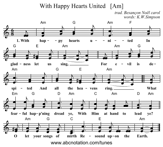 With Happy Hearts United   [Am] - staff notation