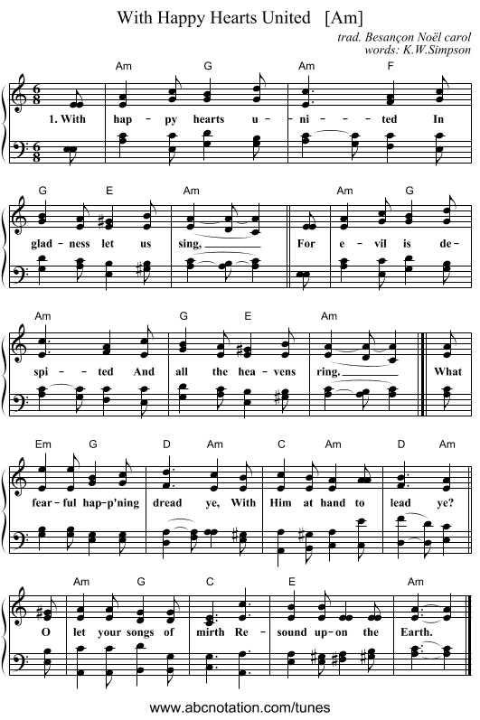 With Happy Hearts United   [Am] - staff notation