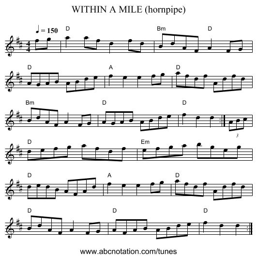 WITHIN A MILE (hornpipe) - staff notation