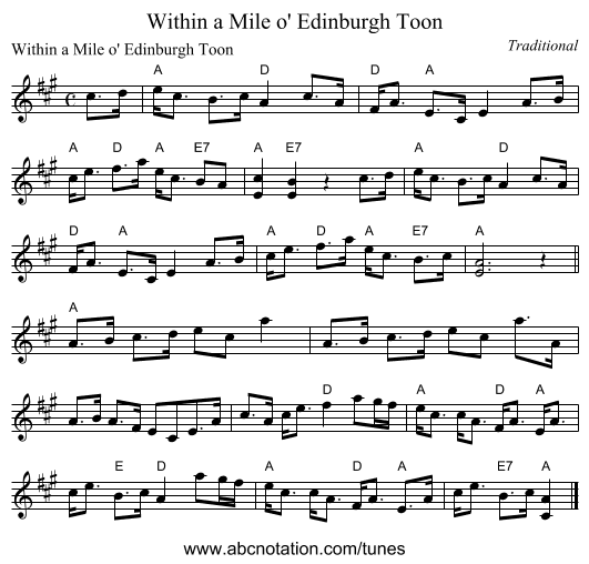 Within a Mile o' Edinburgh Toon - staff notation